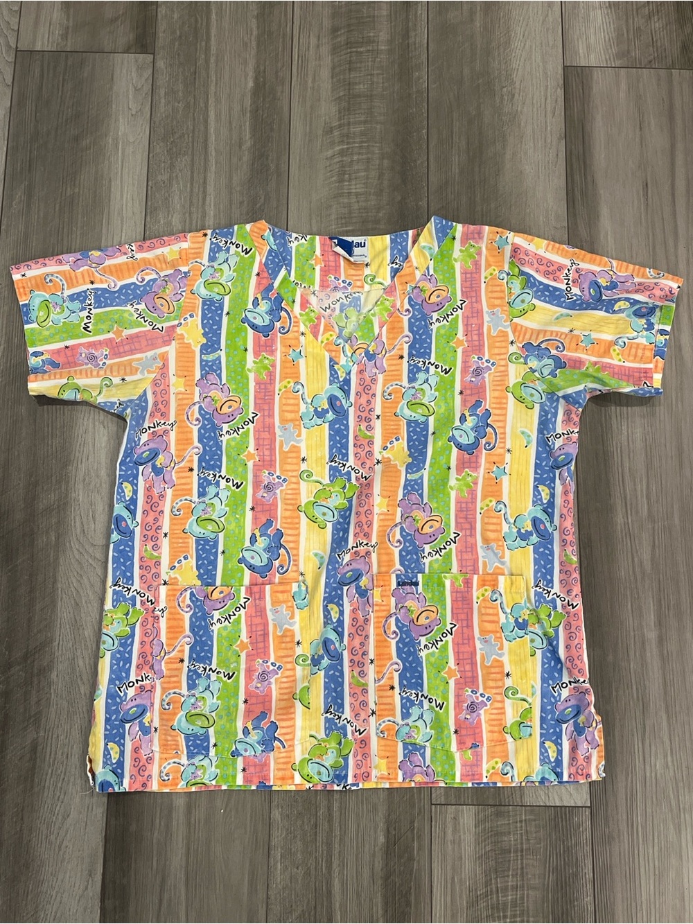 Landau Cartoon Stripe Scrub Top with Monkeys - Multi-Color